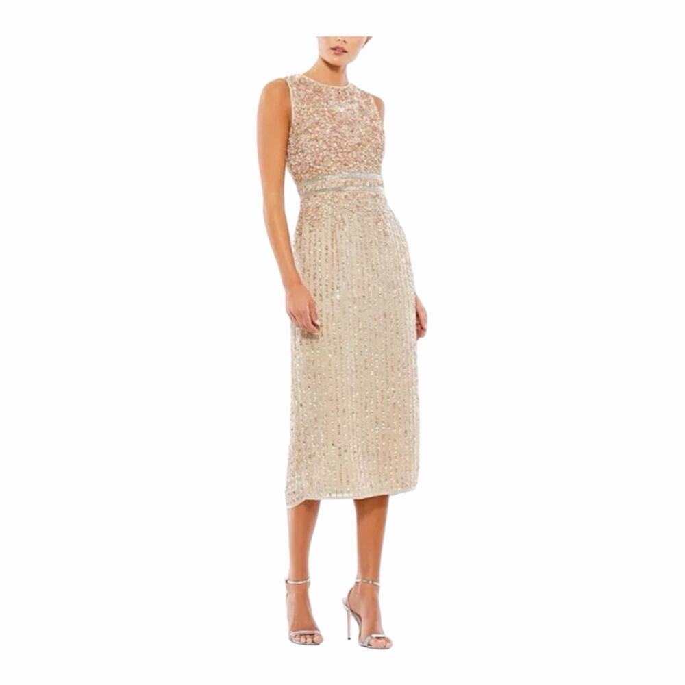 Mac Duggal 10509 Nude Sequin Midi Sheath Dress High Neck Sleeveless Size 4 NWT